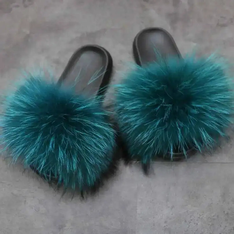Pantofole in vera pelliccia di procione per le donne 2023 estate soffice casa interna sfocata diapositive piatte sandali da spiaggia moda all'aperto infradito