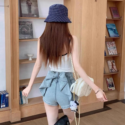 Women's Y2K Sexy Denim Shorts Petite High Waist Hip Lifting Shorts Slim Summer Hot Pants with 3D Bow Personality Detail