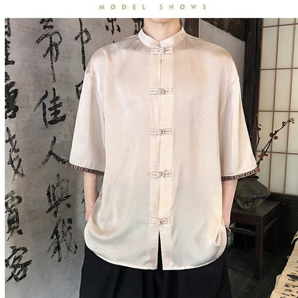 Camicie retrò da uomo, estive, eleganti, larghe, casual, leggere, sottili, traspiranti, in stile cinese, vintage, con calligrafia tradizionale.