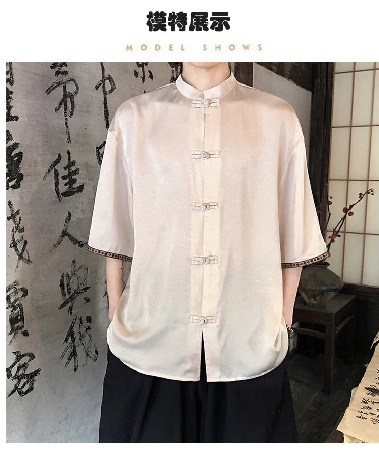 Camicie retrò da uomo, estive, eleganti, larghe, casual, leggere, sottili, traspiranti, in stile cinese, vintage, con calligrafia tradizionale.