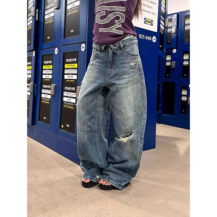YIBASHU Jeans Larghi Blu da Donna, Pantaloni in Denim Strappati Stile Americano Retrò Y2K, Lavati, Designer Giapponese Harajuku, Gamba Larga, Lunghi
