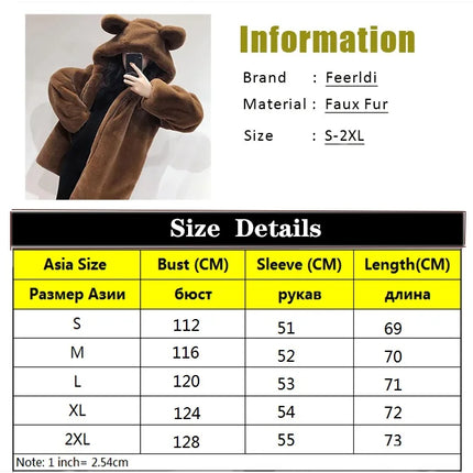 Cosy Loose Faux Fur Coat Womens Faux Fur Fuzzy Hooded Fluffy Ears Surcoat Overcoat Woman Winter Warm Outerwear Snowy Day Wrap