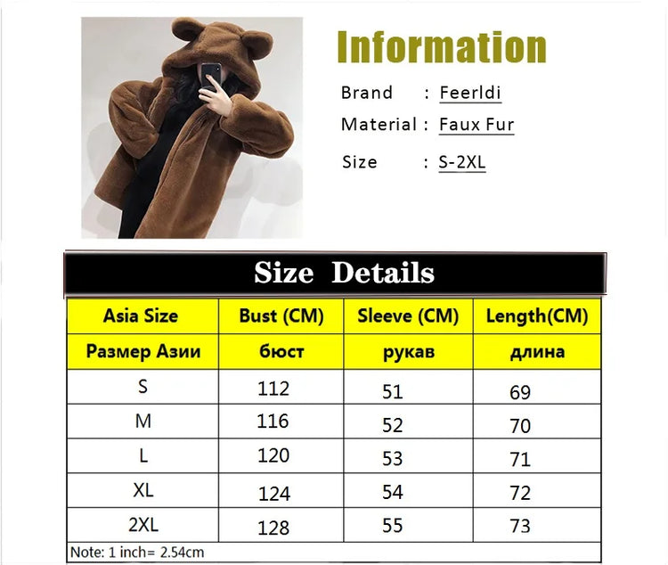 Cosy Loose Faux Fur Coat Womens Faux Fur Fuzzy Hooded Fluffy Ears Surcoat Overcoat Woman Winter Warm Outerwear Snowy Day Wrap