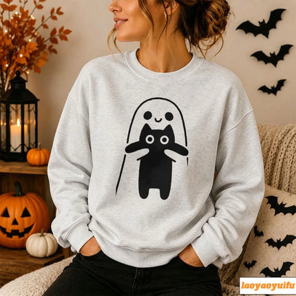 Cute Ghost Hugging Cat Funny Simple White Line Graphic Print Pullover Long Sleeve Casual Loose Streetwear Fashion Sweatshirts