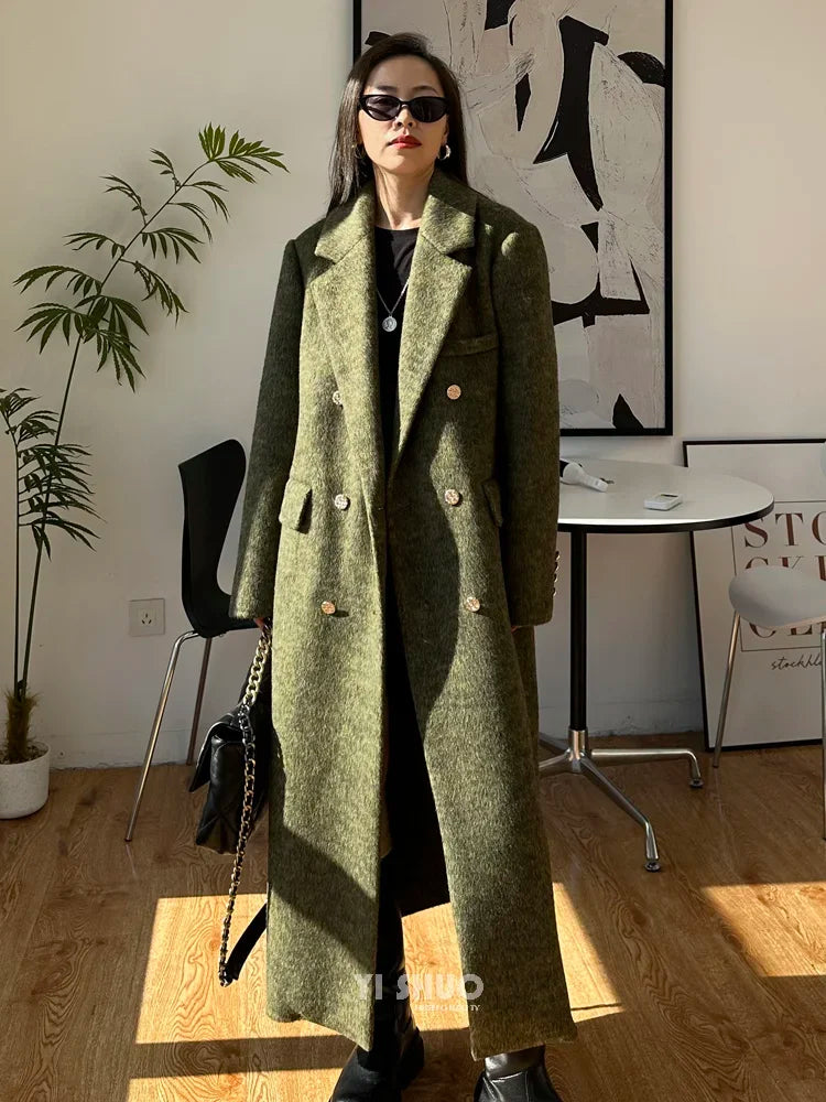High-end Thick Double-sided Wool Coat Female Fashion Long  Autumn Winter Lapel Double Breasted Wool Coat Women Loose Outerwear