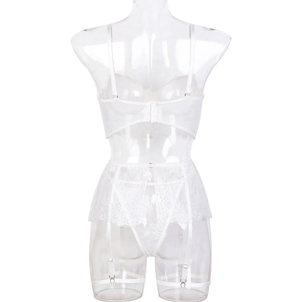 Sexy Erotic Womens Western Style Handmade Pearl 4 Piece Set Sensual See Through Lace Alluring Bowknot Attractive Breathable Set