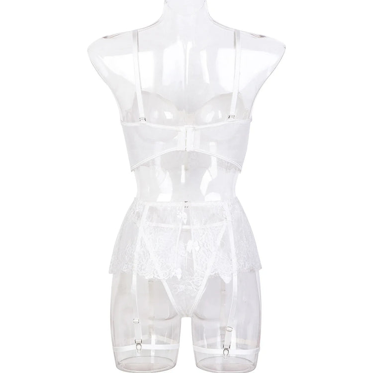 Sexy Erotic Womens Western Style Handmade Pearl 4 Piece Set Sensual See Through Lace Alluring Bowknot Attractive Breathable Set