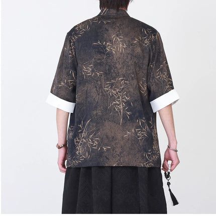 Camicie da uomo estive di lusso in jacquard con foglie di bambù, camicia a maniche corte da uomo in stile cinese tradizionale, camicia casual da uomo per Kung Fu e Tai Chi