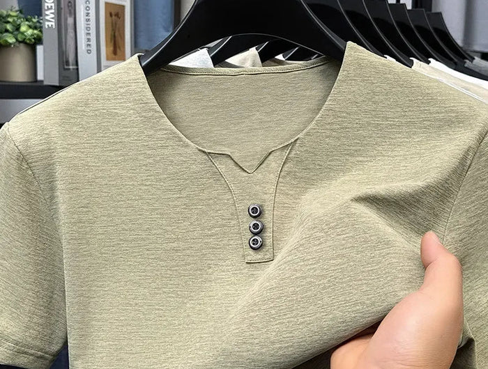 2025 New Men's Business Casual Three Button V-neck Short Sleeved T-shirt Korean Style Summer Comfortable Versatile Top PlatiNum