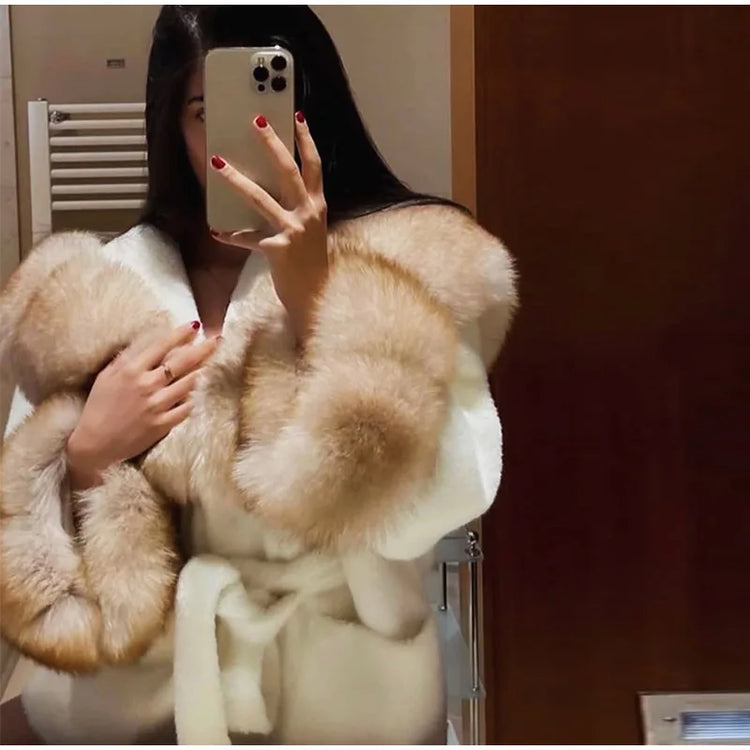 Cotton Lined Furry Fur Collar Belts Jacket Women Fashion Long Sleeve Thicken Warm Female Coat 2025 Winter Street Casual Outwear
