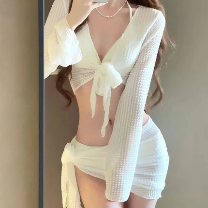 Costume da Bagno Donna 4 Pezzi Stile Coreano Bianco Nero Manica Lunga con Nodo Frontale e Gonna Copricostume 2025 – Perfetto per le Vacanze platinumshop