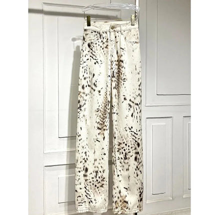 Jeans dritti a gamba larga con stampa leopardata Jeans retrò a vita alta da donna Streetwear Pantaloni vintage Y2k Pantaloni in denim da strada