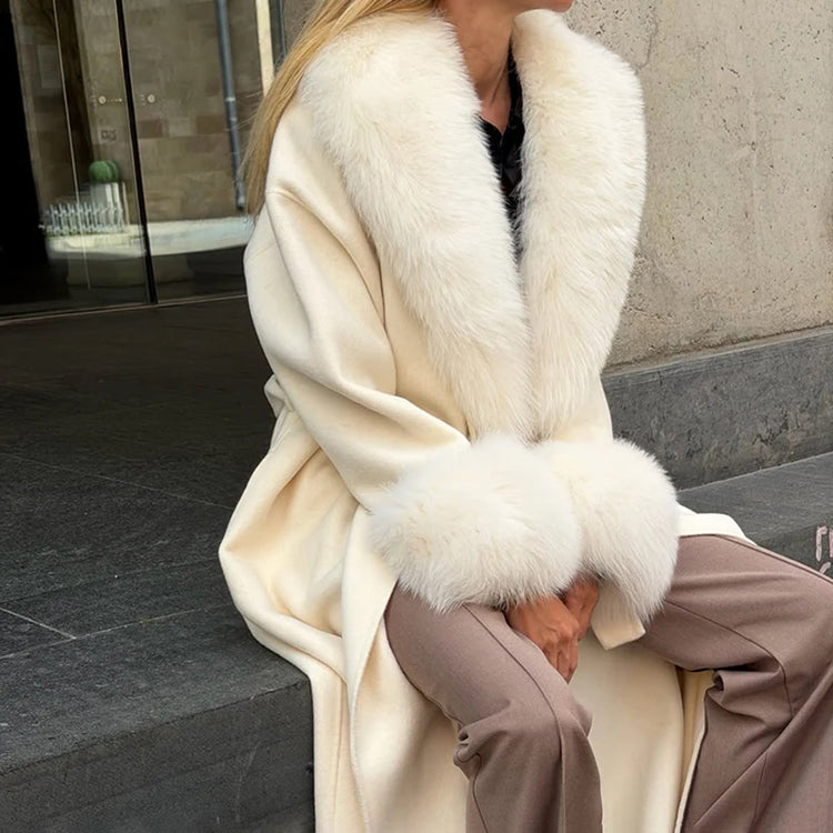 TARUXY Women Luxurious Faux Fox Fur Collar Long Jacket Elegant Solid Long-Sleeved Loose Lace Up Street Warm Coat 2026 Winter New