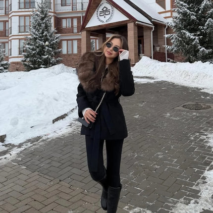Brown Faux Fur Collar Wool Blend Belted Coats Elegant Wrap V Neck Long Sleeve Lace Up Jackets 2026 Lady Winter Autumn Outwear