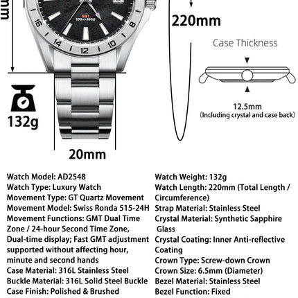 ADDIESDIVE GMT Men Quartz Watch Sapphire Crystal Swiss Ronda 515-24H Dual Time BGW9 Super Luminous 20Bar Waterproof Diver Watch
