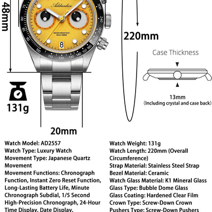 ADDIESDIVE New Men Watch AD2557 Luxury Chronograph VK64 Quartz Wristwatch Ceramic Bezel Luminous Dive 100m Waterproof 40mm Watch