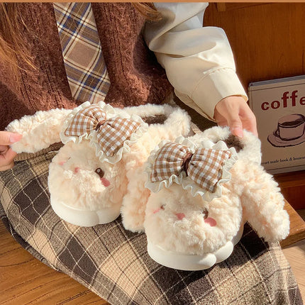 2026 New Women's Cotton Bow Bunny Slippers Winter Indoor Home Warm Household Wool Cotton Shoes Women Wear Indoor Winte