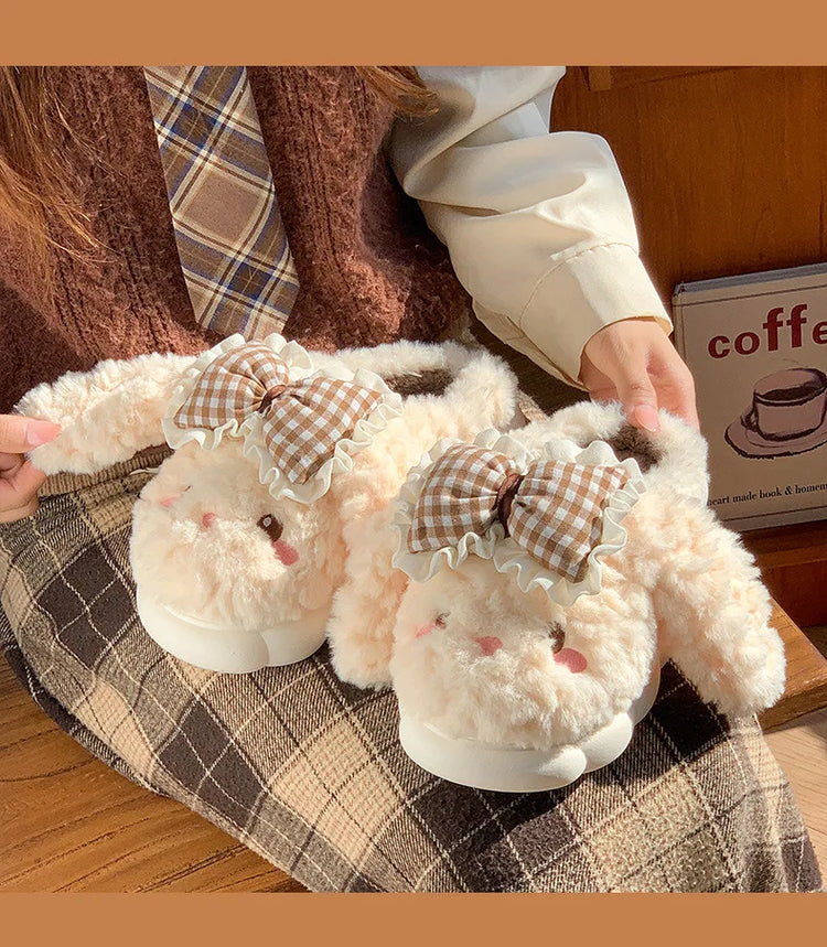 2026 New Women's Cotton Bow Bunny Slippers Winter Indoor Home Warm Household Wool Cotton Shoes Women Wear Indoor Winte