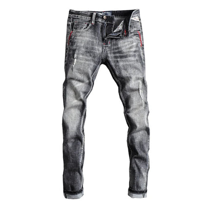 Italian Style Fashion Men Jeans Retro Gray Elastic Slim Fit Ripped Jeans Men Trousers Vintage Designer Casual Denim Pants Hombre PlatiNum
