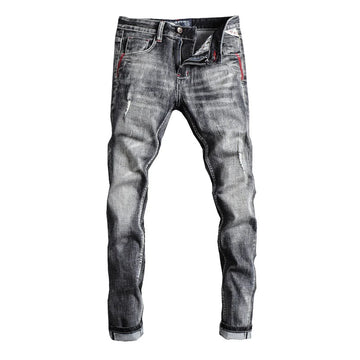 Italian Style Fashion Men Jeans Retro Gray Elastic Slim Fit Ripped Jeans Men Trousers Vintage Designer Casual Denim Pants Hombre PlatiNum