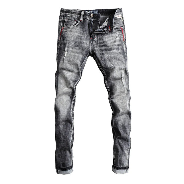 Italian Style Fashion Men Jeans Retro Gray Elastic Slim Fit Ripped Jeans Men Trousers Vintage Designer Casual Denim Pants Hombre PlatiNum