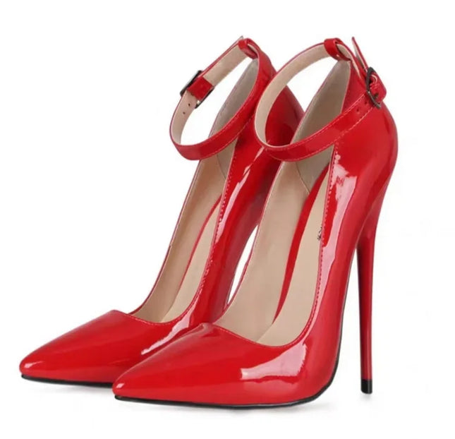 CACA 16cm Women's Extreme High Heel Pumps, Sexy Patent Leather Low-Cut Shoes, Ankle Strap, Black, Red, White, Custom Colors, Dropship