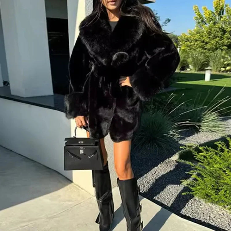 Winter Luxury Women Faux Furs Jackets Coats With Belt Elegant Waist Hugging Slimming Fur Big Collar Thickened Warm Outerwear