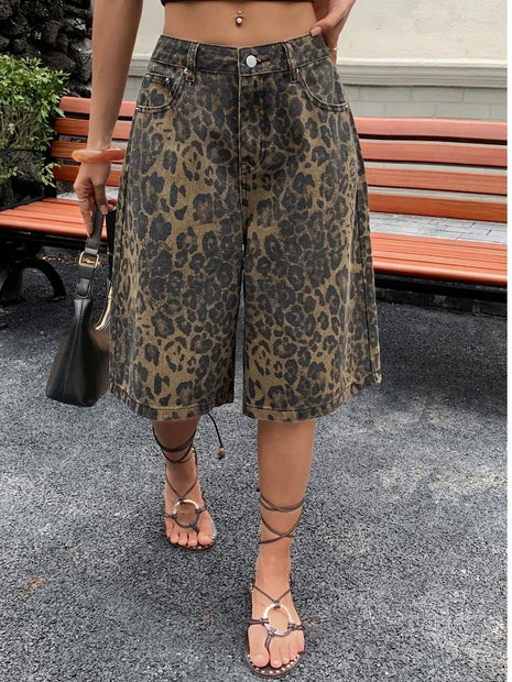 Pantaloncini Bermuda in Denim Vintage con Stampa Leopardata da Donna, a Vita Alta, Gamba Larga, Casual Estivi, Streetwear, Moda Quotidiana
