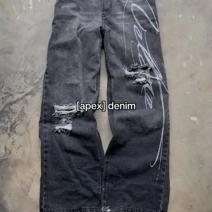 Jeans con orlo a stampa leopardata, stile casual americano anni 2000, a vita alta, gamba dritta e larga, abbigliamento femminile retrò Harajuku