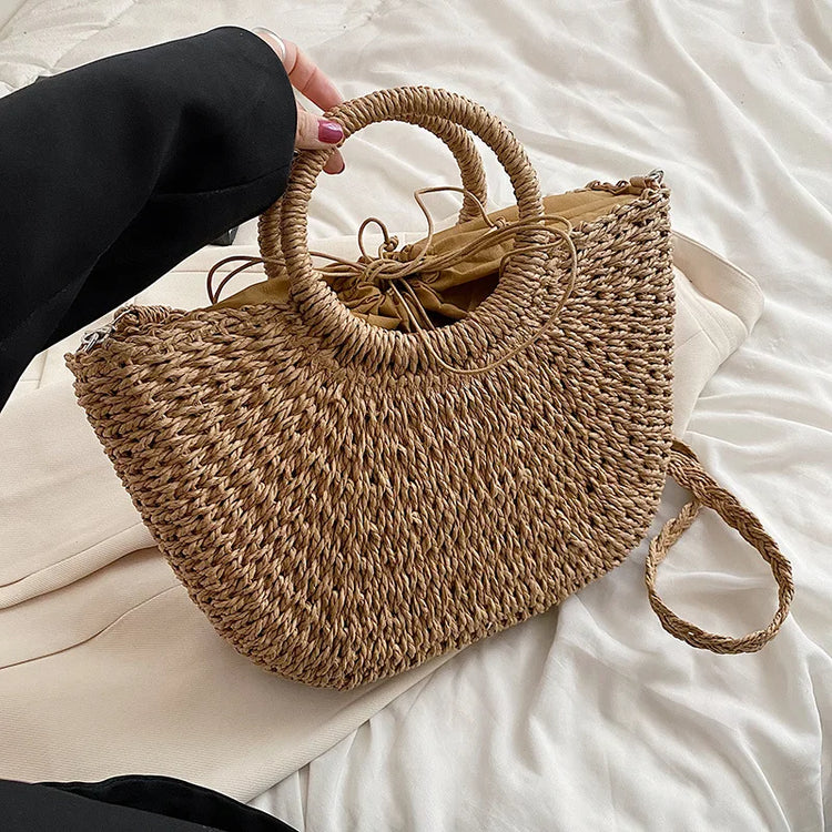 Borse in paglia intrecciata per donna Borsa da viaggio fatta a mano al mare Borsa da spiaggia estiva Nuova borsa a secchiello con manico Shopping Tote Bag Basket Bolsa