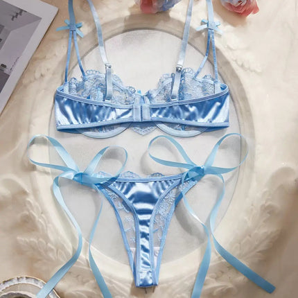 Lady Floral Embroidery Lingerie Set Women Sheer Bra and Brief Underwear Set Satin Sexy Intimates Underwear