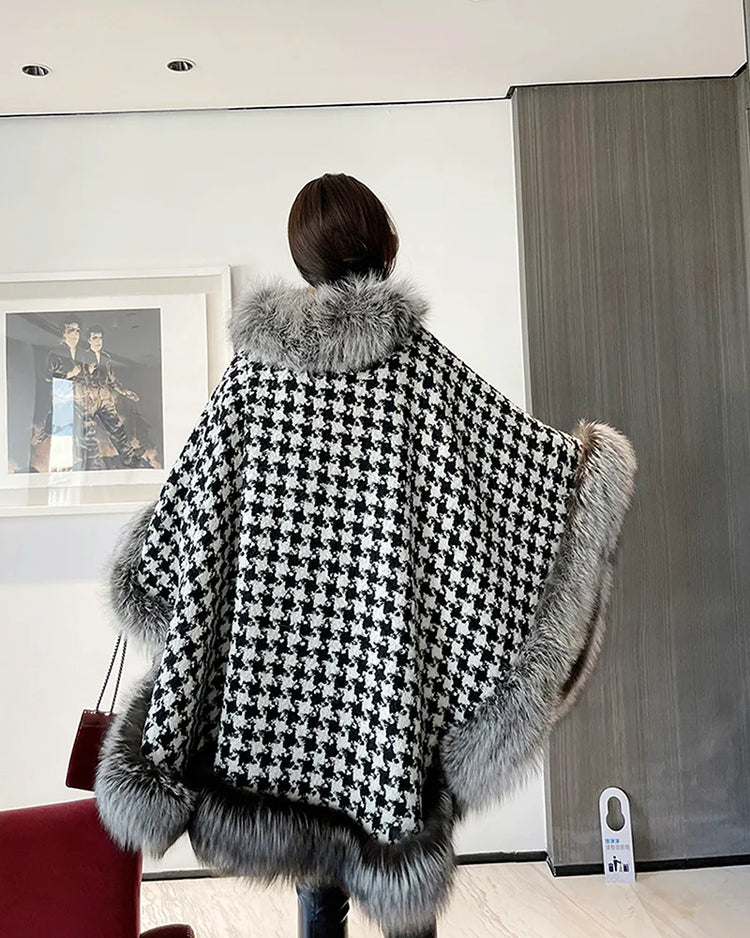 ZADORIN Autumn Winter Luxury Faux Fur Coat Women Elegant Houndstooth Tweed Warm Big Poncho Fur Shawl Cape Women Party Outerwear