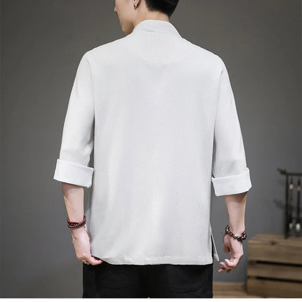 Camicie con ricamo gru Abbigliamento tradizionale cinese vintage Mezza manica da uomo in lino Solido colletto Madarin Cardigan Hanfu Kungfu