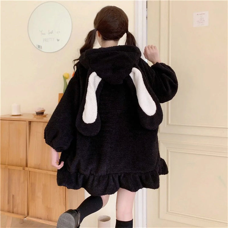Winter Hoodies Warm Kawaii Rabbit Ears Women Sweatshirt Girl Lolita Hooded Zip-up Casual Sweatshirts Harajuku Hoodie Long Sleeve
