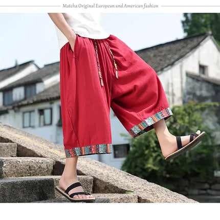 Pantaloncini kimono giapponese Costume da samurai in lino da uomo Ukiyo-e Cintura con stampa Pantaloni a gamba larga Retro Haori Pantaloni casual larghi Harajuku da uomo