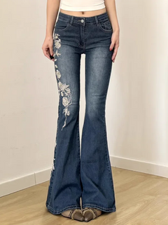 Women Retro Y2k Jeans Baggy Floral Embroidery Jeans Vintage 2000s Low Rise Flared Denim Pants High Street Basic Trousers