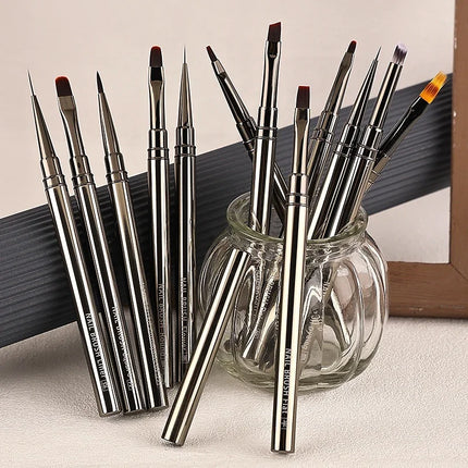 1/12Pcs Simple Nail Enhancement Brush Metal Handle Painting Drawing Flower Pen Edge Hook Uv Gel Nail Brush Nail Art Tools New