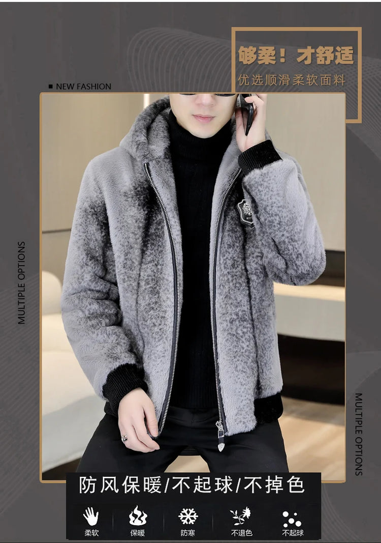 Autumn Winter Faux Fur Hooded Jacket Men Fashion Social Faux Mink Fur Casual Business Jacket Thick Warm Outdoor Windproof Coat