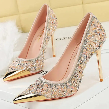BIGTREE Scarpe Tomaia per scarpe con strass Décolleté da donna Tacchi a spillo 9,5 cm Punta a punta in metallo Tacchi alti Décolleté in cristallo di lusso Lady platinumshop