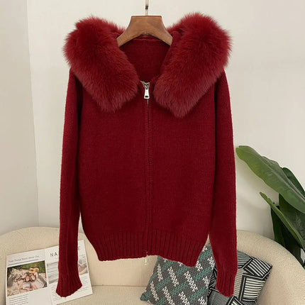 OFTBUY Real Fox Fur Kintwear Women New Spring Autumn Hooded Sweater Female Loose Zipper Kintted Jacket Oversized Cardigan