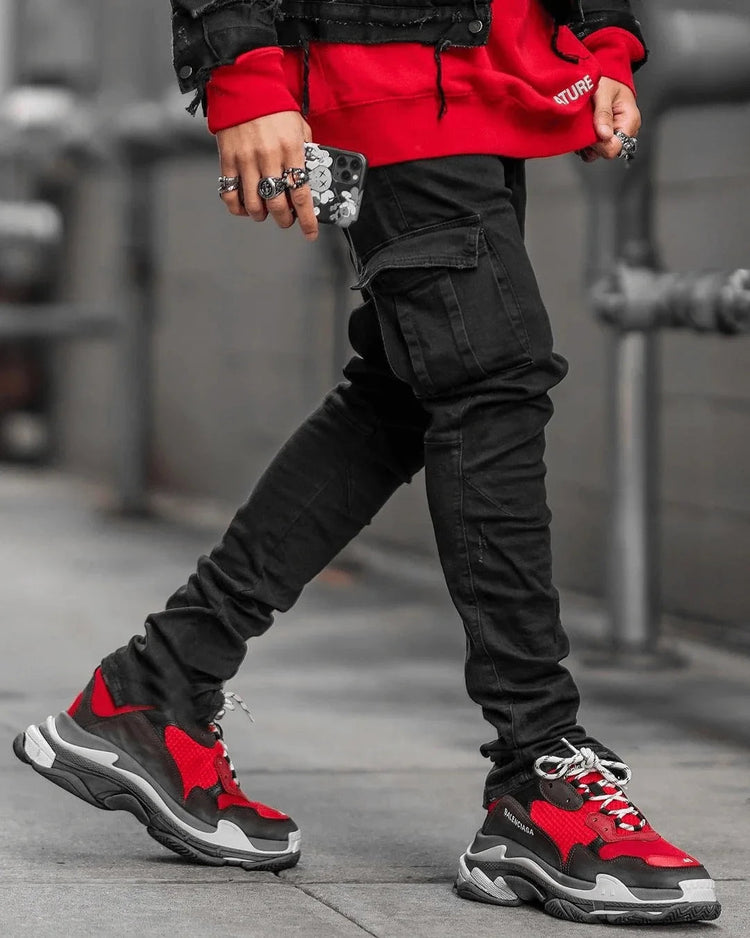 2025 New Men Street Elastic Denim Brand Jeans Narrow Legs Multi Pockets Cargo Pants Casual Slim Fit Daily Wear Joggers Mid Waist PlatiNum