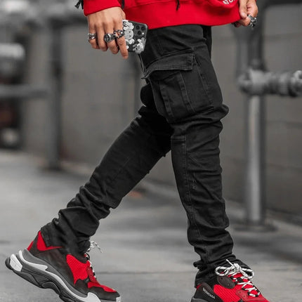Street Elastic Jeans Men Denim Cargo Pants Wash Solid Color Multi Pockets Casual Mid Waist Trousers Slim Fit Daily Wear Joggers PlatiNum