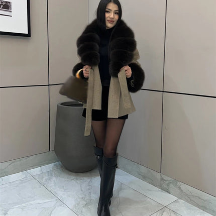 Women Wool Blend Coat Big Faux Fur Collar And Cuffs Belted Waist Wrap Loose Winter Jacket Thick Warm Elegant Lady Outerwears