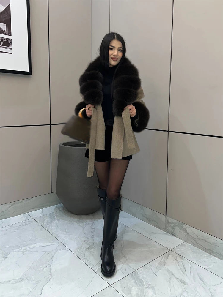 Women Wool Blend Coat Big Faux Fur Collar And Cuffs Belted Waist Wrap Loose Winter Jacket Thick Warm Elegant Lady Outerwears