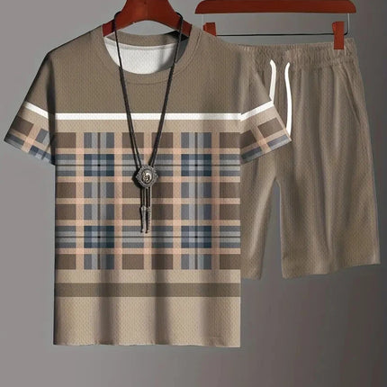 New Men's Two-Piece Suit Fashion Scottish Print Summer O-neck Short Sleeve Polo + Shorts Men's Two-Piece Set
