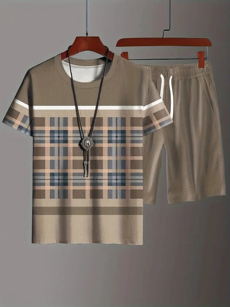 Nuovo vestito da uomo in due pezzi con stampa scozzese moda estate O-colletto Polo a maniche corte + pantaloncini abito da uomo in due pezzi