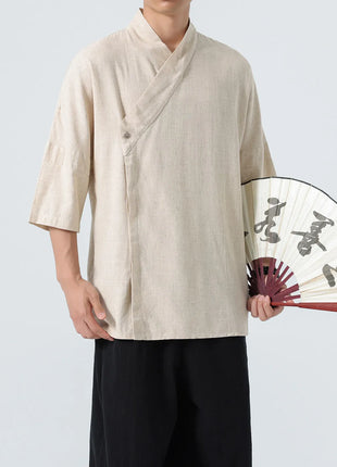 Camicie Estive 2026 da Uomo, Stile Cinese Retrò Tradizionale in Lino Traspirante, Abbigliamento Maschile per Kung Fu e Tai Chi, Bluse Casual Stile Tang