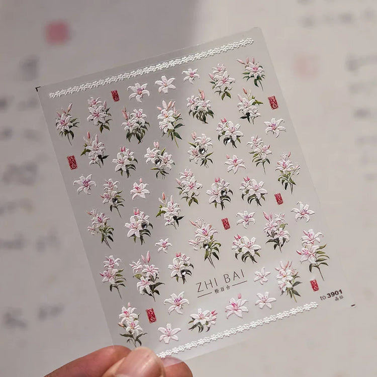 5D Kawaii Lily Nail Art Stickers 1pcs Japanese Pink White Flower With Diamond Self Adhesive Nail Decorations Slider Decals DIY