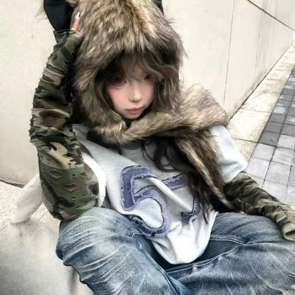Japanese Kawaii Cute Fur Scarf Hat Winter Keep Warm Y2k Aesthetic Fashion Vintage Cap Bears Ears Women Hats Grunge Streetwear