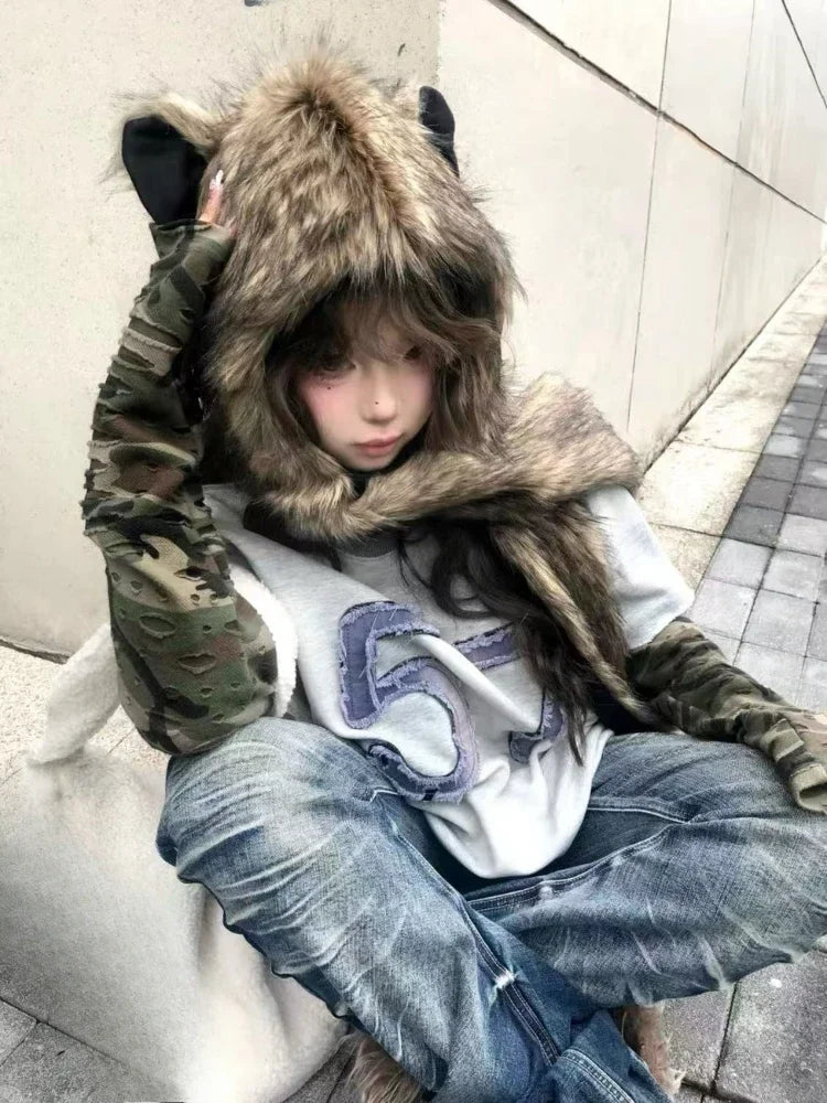 Japanese Kawaii Cute Fur Scarf Hat Winter Keep Warm Y2k Aesthetic Fashion Vintage Cap Bears Ears Women Hats Grunge Streetwear